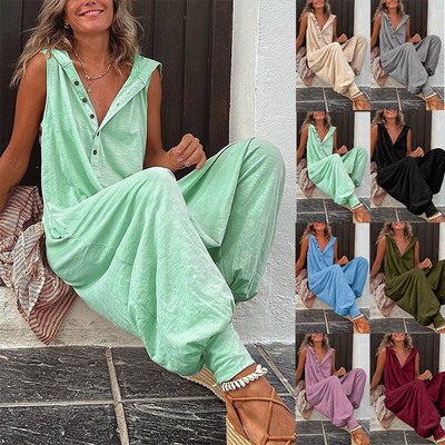 Women's Sleeveless Romper Hooded Jumpsuit Long Harem Pants Casual Street Fashion