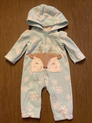 Baby Girls 0-9M Plush Heart Print Zip Front Bear Graphic Hooded Jumpsuit Size 3M