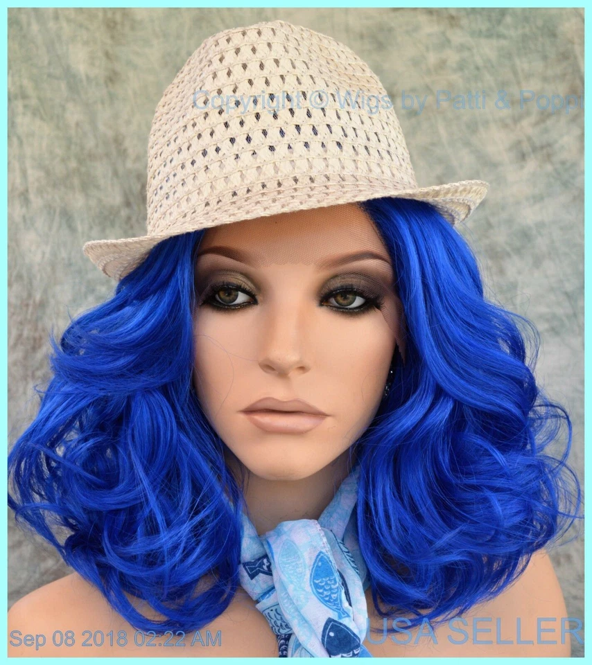 Peluca delantera de encaje suizo parte C color seguro contra el calor azul real longitud media rizada 1306 Foto 4 de 4