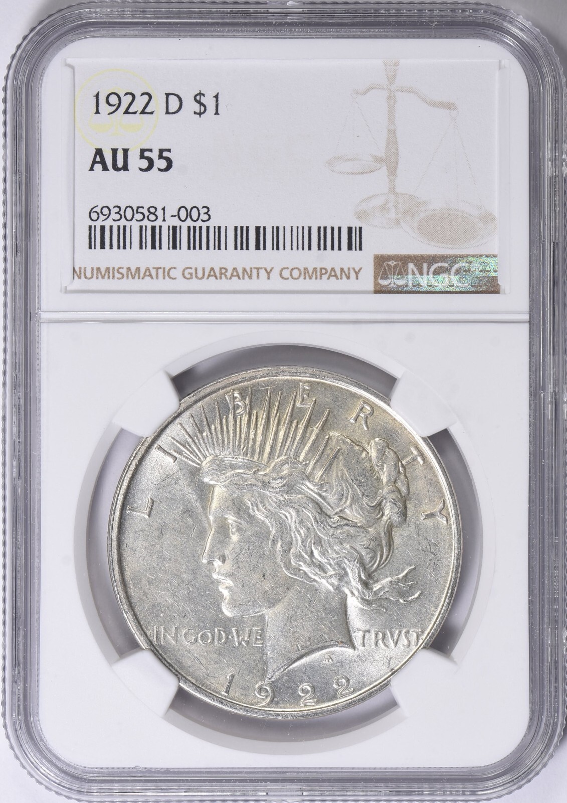 1922  -  DENVER  PEACE  SILVER  DOLLAR  - NGC  AU  55  -  VAM - NECK  DIE  CRACK