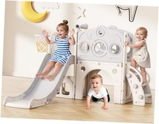Toddler Slide, 8 in 1 Kids Slide with Basketball Hoop, Telescope White gray