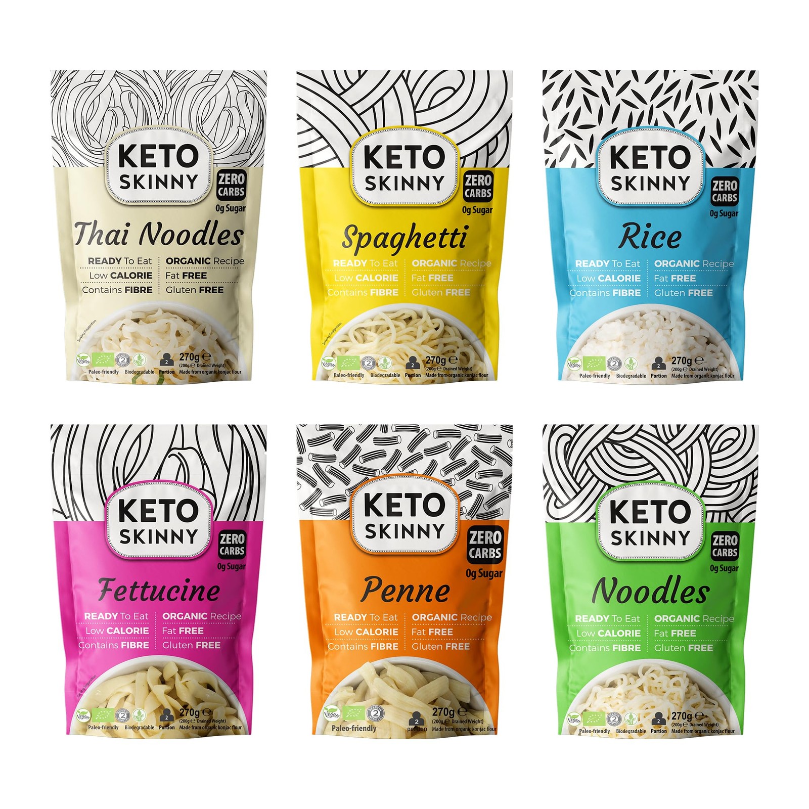 Keto Skinny Organic Konjac Noodles, Pasta & Rice (Mix Pack 270 g (Pack of 6)