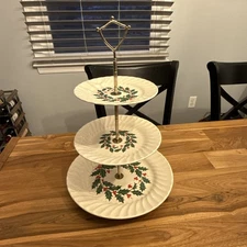 Christmas Holly 3-tiered Stoneware Tidbit Tray Scio Pottery vintage 1980s