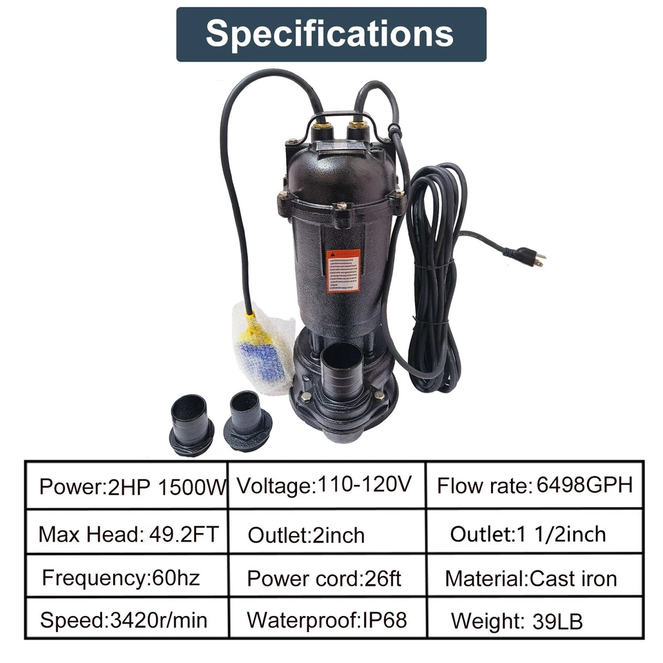 Bomba de sumidero sumergible de 2 HP 1500 W bomba de aguas residuales de hierro fundido 6498 GPH con cable de 26 pies 110 V Foto 3 de 4