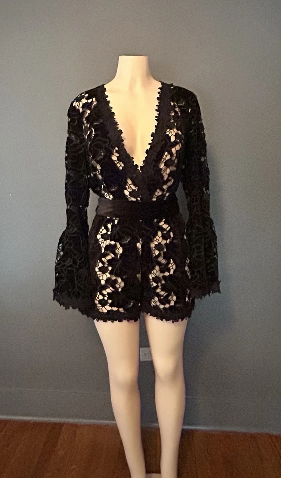 Mameluco Venus Negro Gótico Floral Terciopelo Encaje Campana Manga Acampanada Talla S Foto 2 de 4