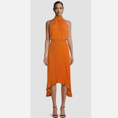 Karl Lagerfeld Mock Neck Pleated Midi Dress Womens XL Sleeveless Orange Event