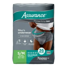 Assurance Men's Underwear, Maximum Absorbency, Size S/M, 72 CT