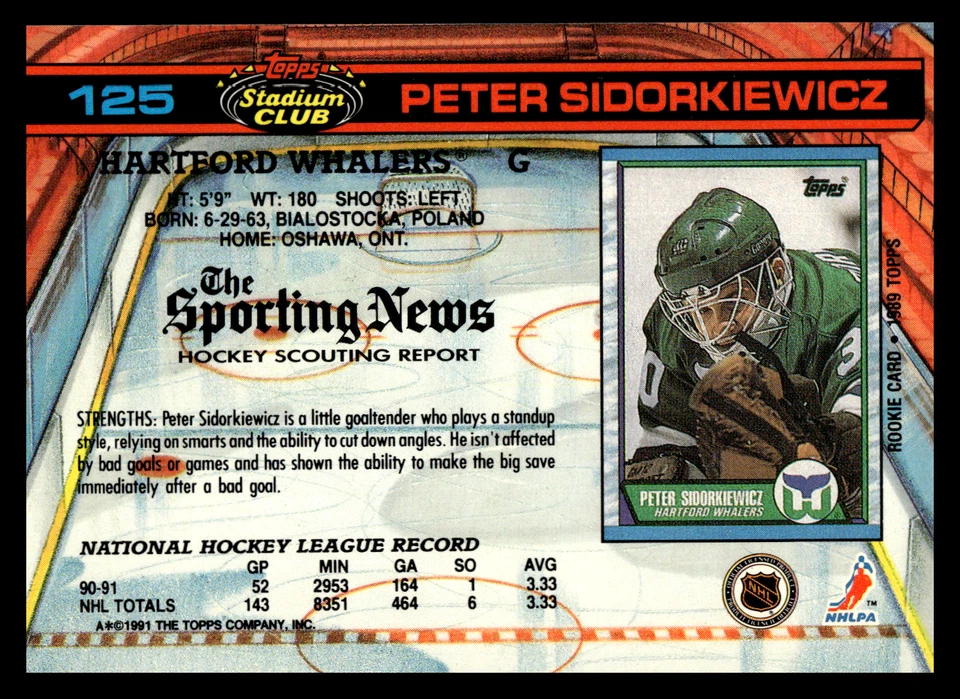 1991 Stadium Club Peter Sidorkiewicz #125 Hartford Whalers NHL Hockey Base Set - Image 2 of 2