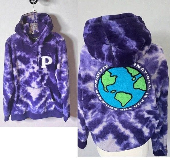 Primitive Skateboarding Hoodie M Purple Tie Dye Globe Logo Cozy Fleece Pullover