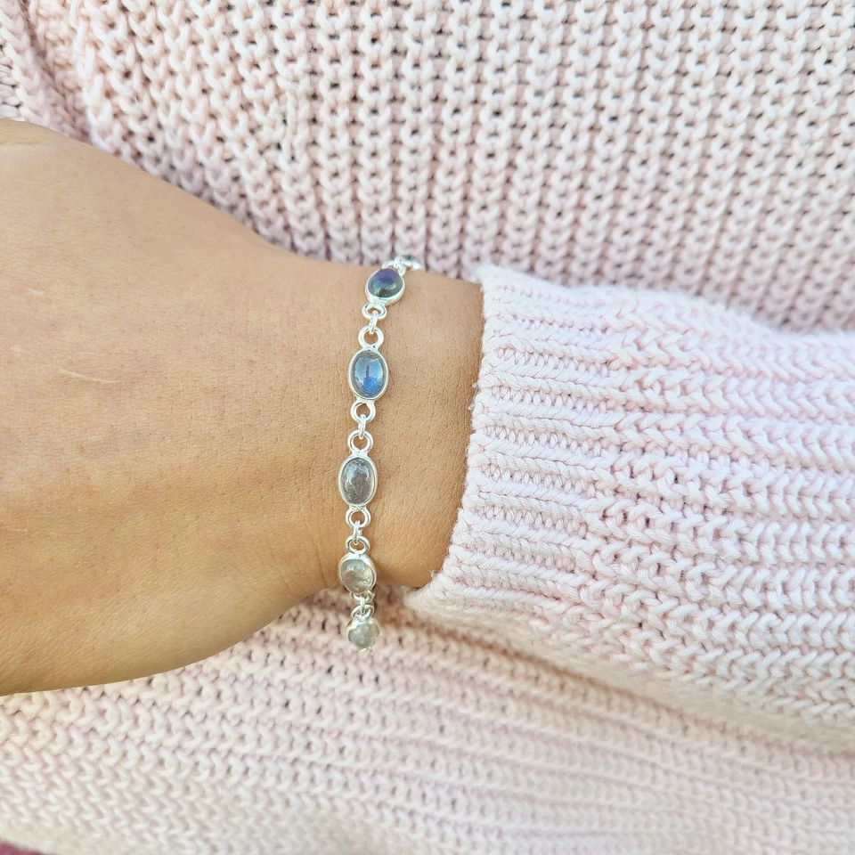 Genuine Labradorite Bracelet 925 Sterling Silver | Boho Gemstone Jewelry Gift US - Image 2 of 4