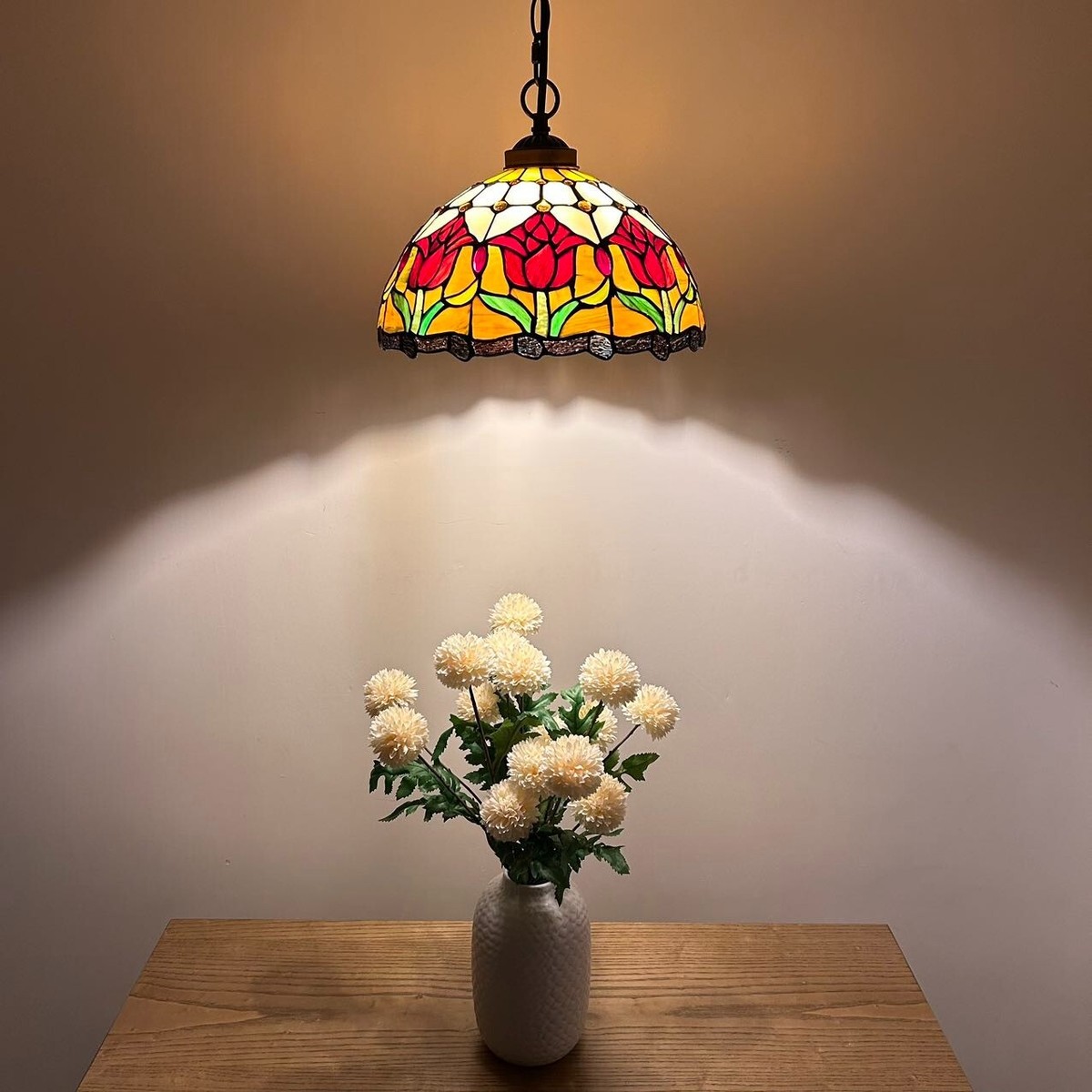 Tiffany Style Hanging Lighting Stained Glass Red Tulips LED Bulb
