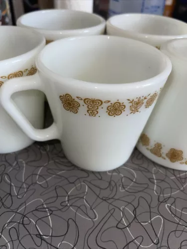 Pyrex Gold Butterfly Coffee Cup Mug Milk Glass - Vintage Set Of 5 D Handle VGVC