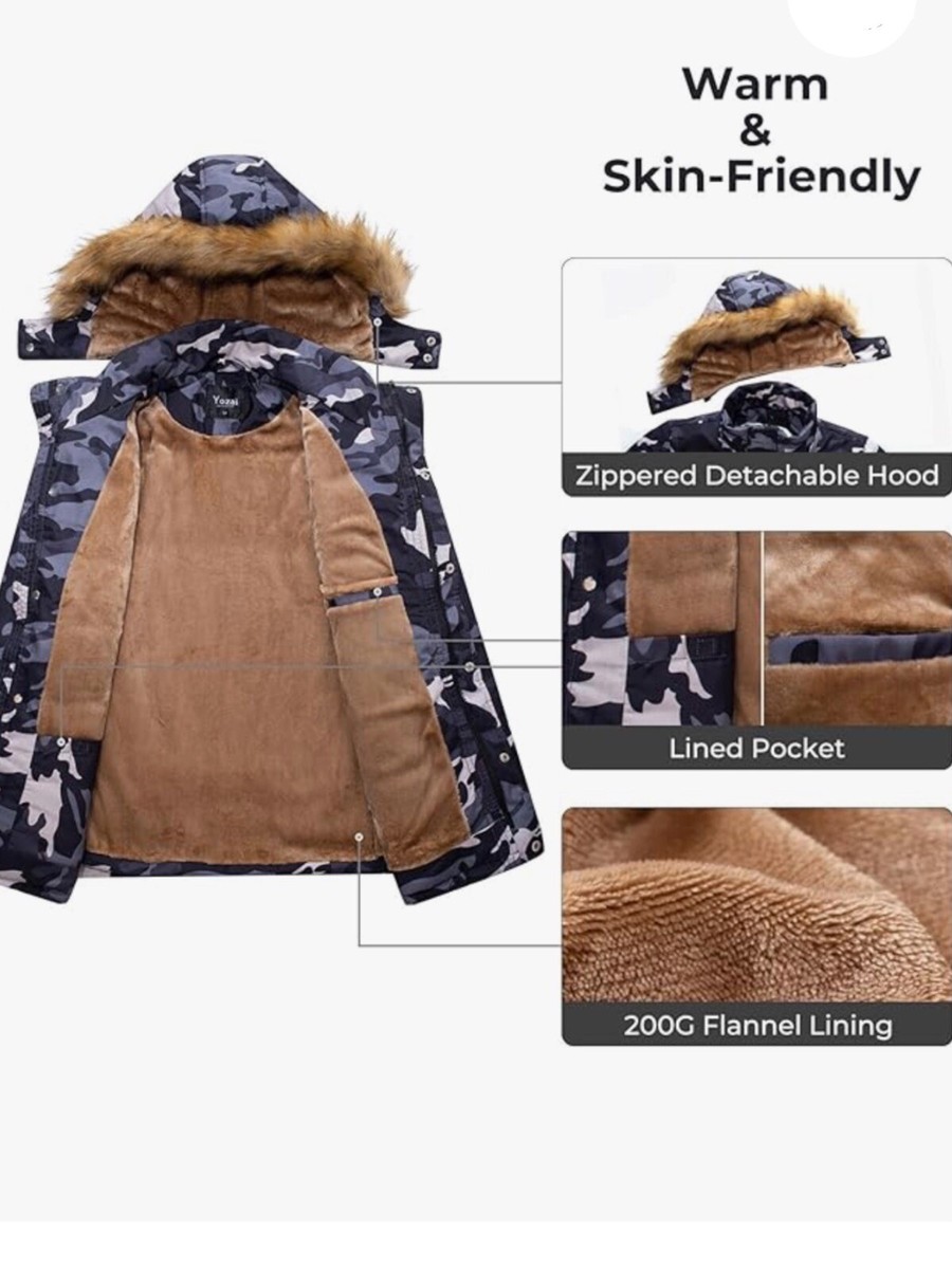 Yozai Black Camouflage Warm Winter Coat Hooded Lined Jacket Yozai Black Camouflage Warm Winter Coat Hooded Lined Jacket