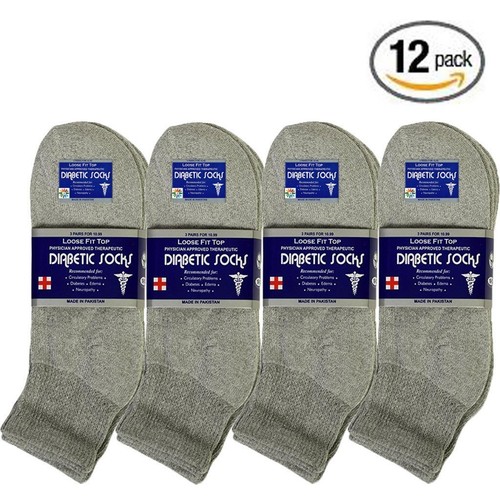 12 Pair Gray Men Physicians Choice Loose Fit Diabetic Ankle Socks