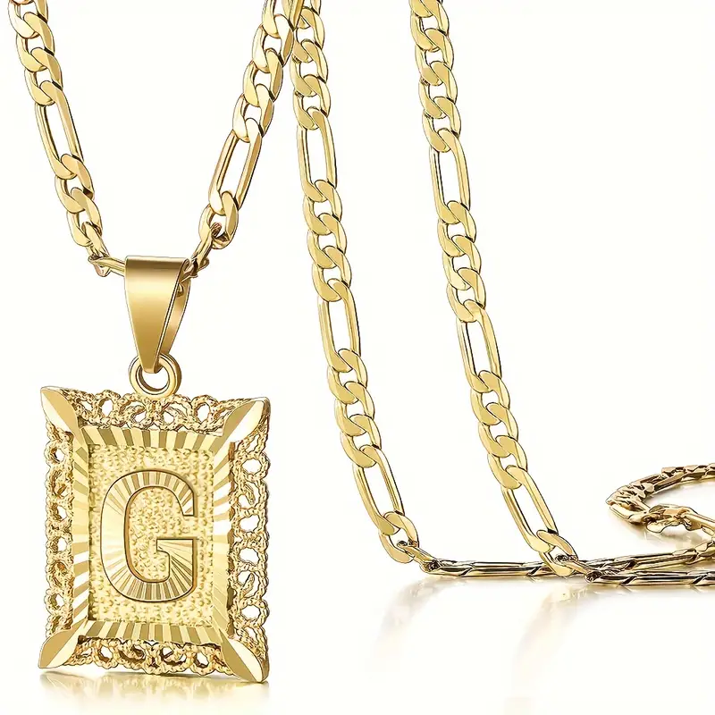 18K Gold Plated Letter G Square Pendant Necklace Initial Chain Men
