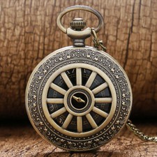 Retro Quartz Pocket Watch Hollow Wheel Black Roman Number Dial Necklace Chain