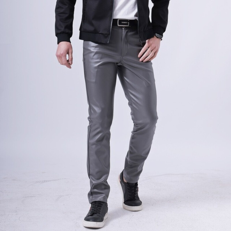 Men Faux Leather Pants Stretch Pu Leggings Fit Wet Look Trousers