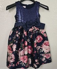 BONNIE JEAN Girl's 6 Navy Sequin  Floral Sleeveless Bow Dress Holiday Wedding
