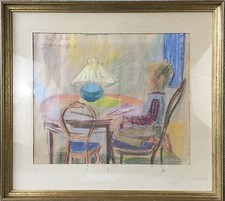 Pastell Eva Holmberg Jacobsen 1955 Interieur Raum mit Kind am Tisch mit Rahmen