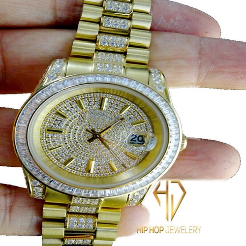 CUSTOM MEN'S YELLOW GOLD TONE LAB DIAMOND SIMULATE STAINLESS STEEL WRIST WATCH - Imagen 2 de 4