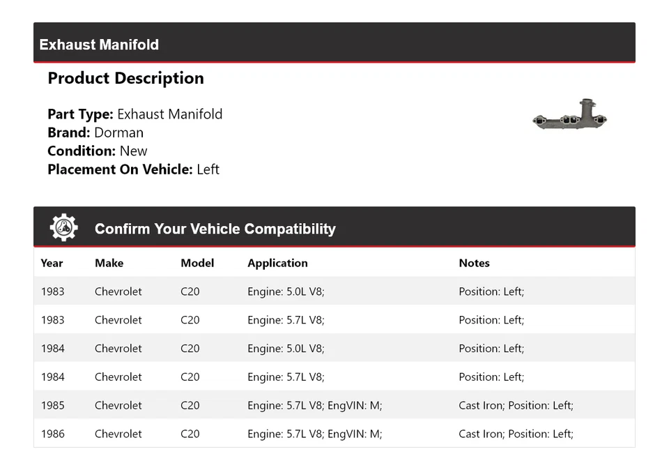 Левый выпускной коллектор для Chevrolet C20 Dorman 1983-1986 годов выпуска 1984 1985 - Изображение 2 из 4