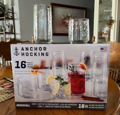 Anchor Hocking Hammered Drinkware 16-Piece Glass Set, Clear, Two Sizes, NIB
