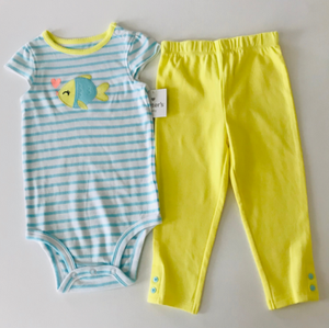 Carters Bebe Nina Ropa 24 Meses Conjunto De Enterito Y Pantalones De Traje De Pescado Amarillo Azul Ebay