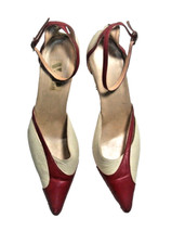 Vtg. Cream Red Ankle-Strap Pumps w Teardrop Cut-Out Lucite Heels 38M 8M