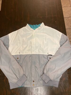 Members Only Unisex White Teal Gray Bomber Jacket Cafe Racer Size Medium Vintage