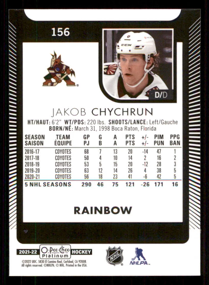 2021-22 O-Pee-Chee Platinum Rainbow #156 Jakob Chychrun - Image 2 of 2