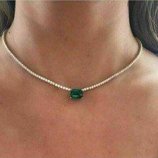 5Ct Lab Created Emerald  Diamond Women's Tennis Necklace 14K White Gold Plated