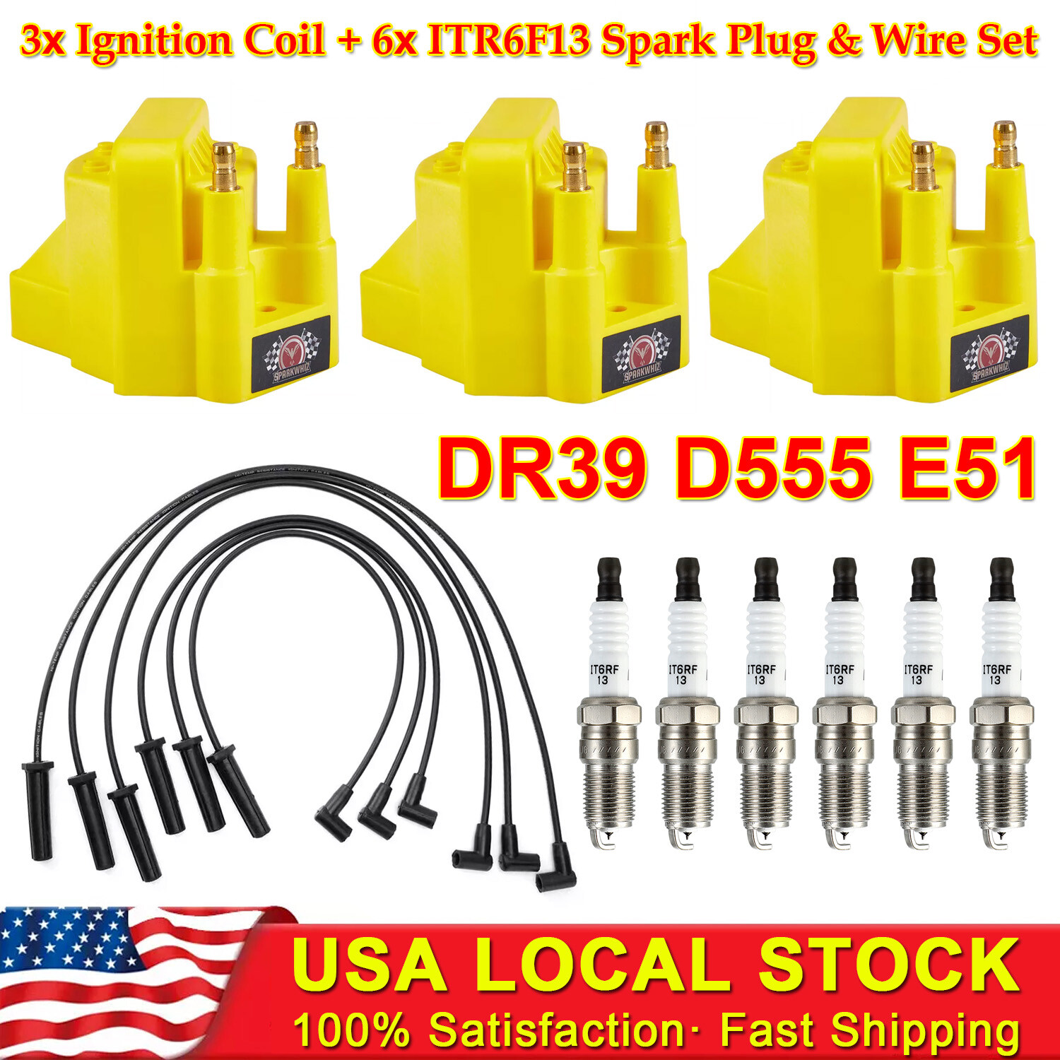 6x Iridium Spark Plug 3x DR39 Ignition Coil + Wires For 96-08 Buick Lucerne 3.8L