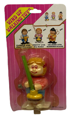 VTG Pretty Wind up walking Toy Pencil Holder Office Display Girl Kitsch New Read