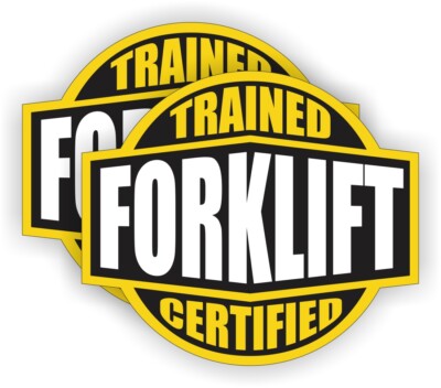 2x Forklift Trained Certified Hard Hat Stickers / Tow Motor Pallet Jack Decals