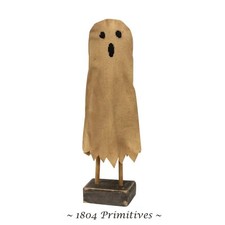 Primitive Halloween GHOST FIGURINE on Distressed Wood Base Fall Decor 9.5" Tall