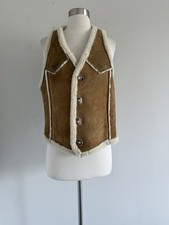 SUEDE BUTTON UP V-NECK NATURAL SHEEPSKIN SHEARLING LINED VEST SIZE S/M
