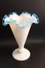 Fenton Milk Glass Aqua Blue Crest Fan Vase 6" Tall