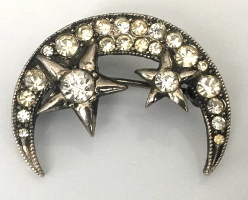 Vintage Brooch Pin SIGNED EISENBERG Moon Clear Rhinestone Silver tone lot y