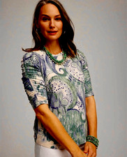 Chico's Touch of Cool Ruched Elbow Sleeve Paisley Jersey Knit T-Shirt Size 3 XL 
