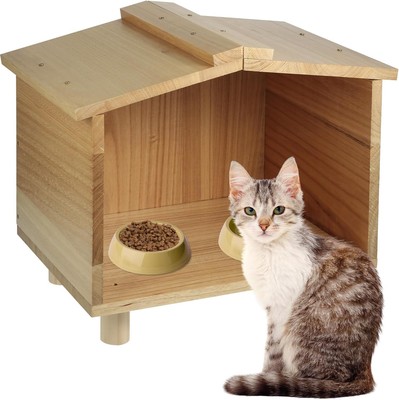 Outdoor Cat Feeding Station, Waterproof Wooden House original wood color 