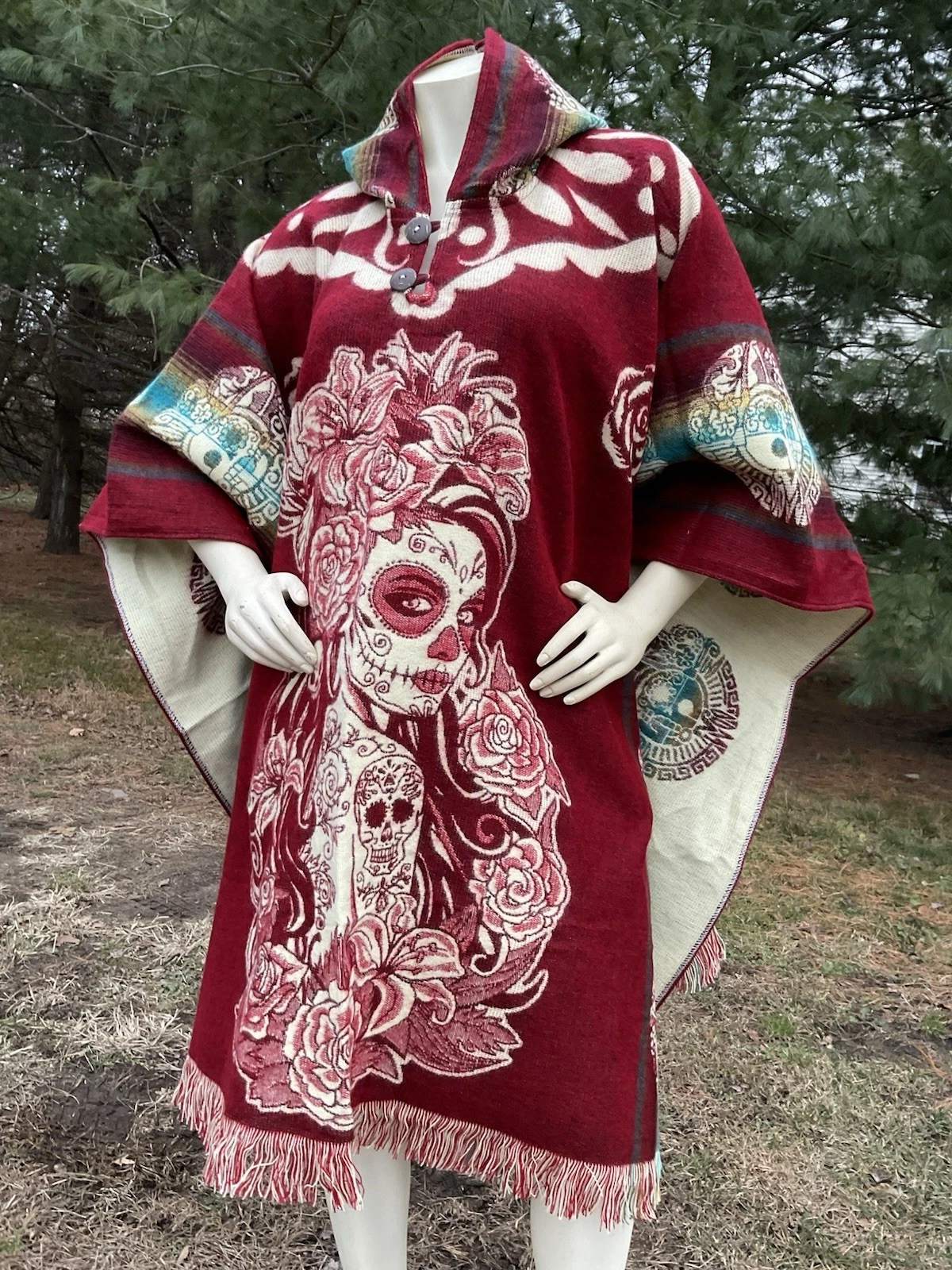 HANDMADE ALPACA WOOL PONCHO, Aztec Skull Design, Catrina, Red, Very Soft & Warm