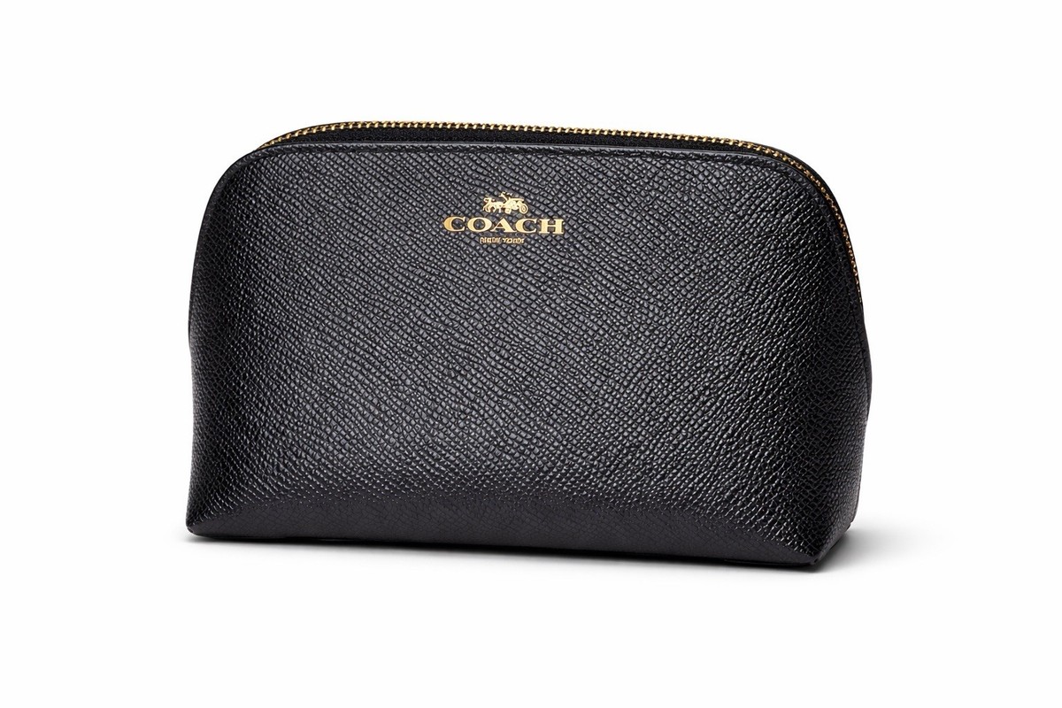 Coach Black Saffiano Leather Cosmetic Pouch Makeup Bag Gold Zip 