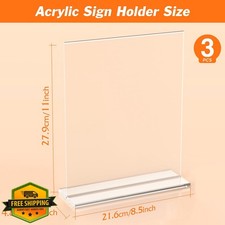 3pk Acrylic Sign Holder 8.5x11", Clear Menu Flyer Stand, Table Paper Display