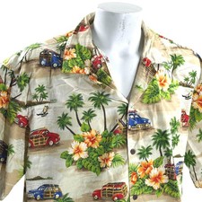 Aloha Republic Camicia Hawaiana 2XL Legno Auto Tavole da Surf Palme Fiori Tan