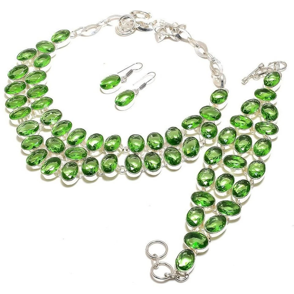 Conjunto de collar de joyería de regalo de compromiso hecho a mano con piedras preciosas de forma ovalada de amatista verde Foto 3 de 4