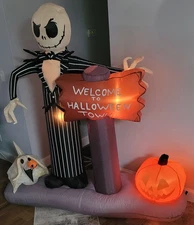 6' Tall Inflatable Jack Skellington & Zero Welcome To Halloween Town Airblown 