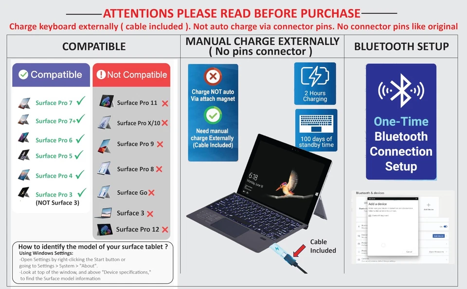 Wireless Keyboard Type Cover Trackpad Mouse Replacement for Microsoft Surface... - Image 2 of 4