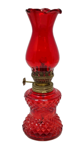 VTG Red Diamond Glass Oil Lamp Ribbon Bowtie With Chimney Shade Kerosene Mini 8" - Picture 3 of 14