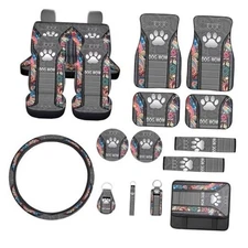 Paw Print Car Seat Cover Full Set, Boho Floral Auto Boho Floral Paw-Grey