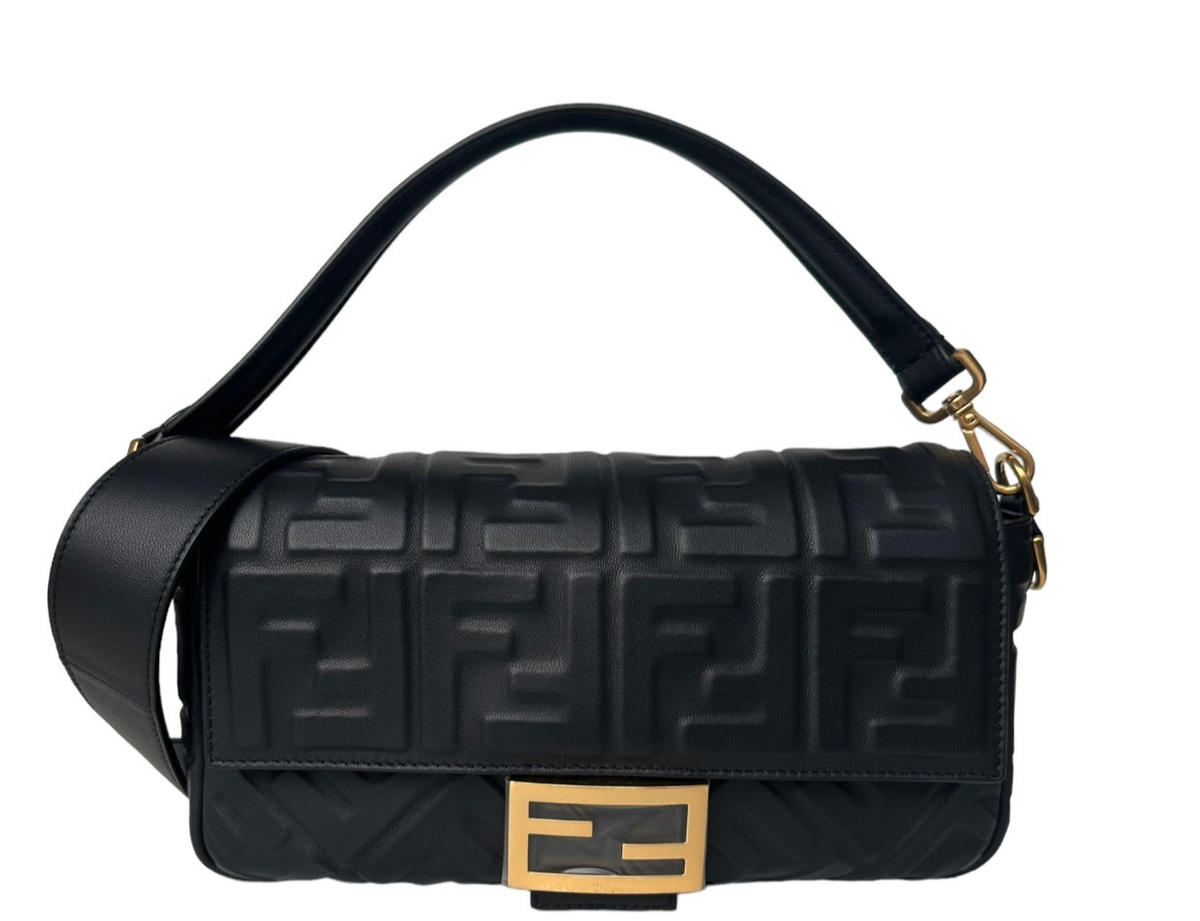 n*2様 Fendi ロゴ ハンドバッグ ブラック Fendi Black Nappa Embossed Logo FF 1974 Medium Baguette NM Bag w